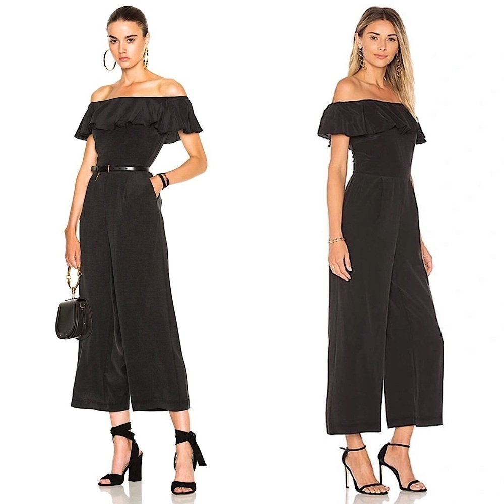 NWT L’AGENCE 70s Washed Silk Ruffled Off Shoulder Cropped Wide Leg Jumpsuit XS